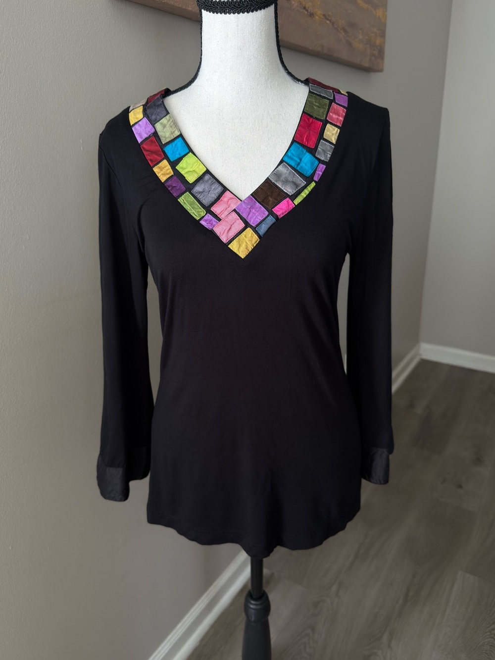 Tangerine Jill Cotton Black Patchwork V Neck Top Small Boho Fall